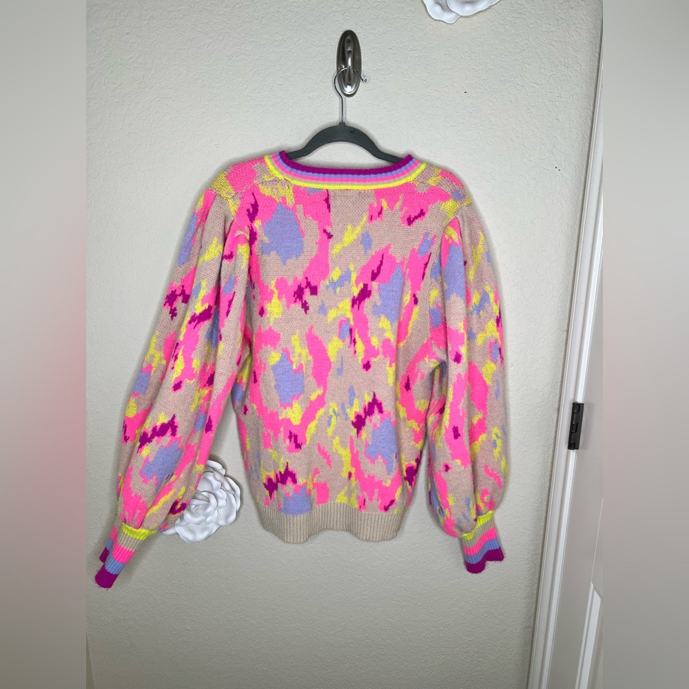 NTM Jodifl Abstract Print Sweater Neon Pink Taupe Balloon Sleeve Pullover Size L - Picture 11 of 16